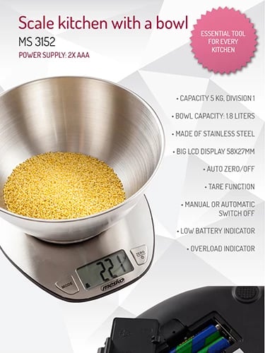 Peshore kuzhine Adler MS 3152, kapacitet 5kg, saktësi 1g, tas 2L, çelik inox, INOX