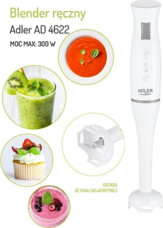 Blender dore, Adler AD 4622, 200W/300W, 14240 RPM, tehe inoksi, bosht i shkëputshëm, e bardhë