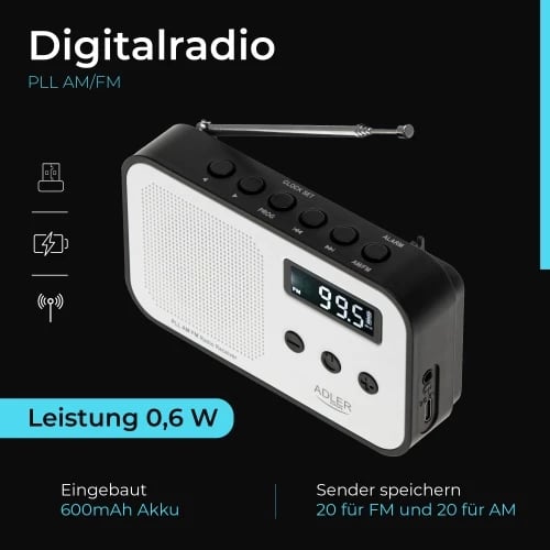 radio digjital PLL AM/FM, Adler, AD 1907, LCD, memorie 40 stacione, bateri 600 mAh, USB-C, e bardhë/zezë