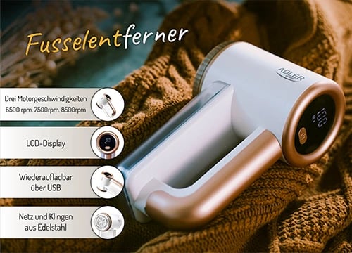 Heqës pushash Adler AD 9617 me LCD, 3 shpejtësi 6500/7500/8500 rpm, bateri 2000 mAh, sipërfaqe pune 6.5 cm, e bardhë-ari