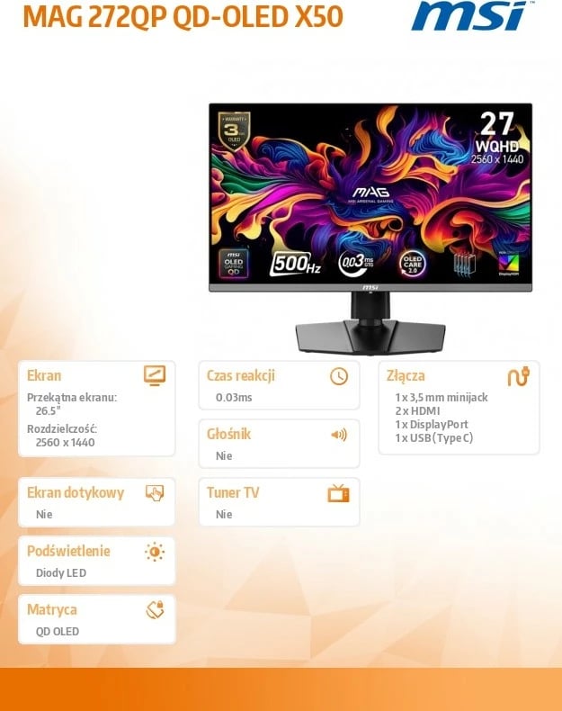 Monitor MSI MAG 272QP QD-OLED X50 26.5" QD‑OLED WQHD 500Hz flat, e zezë