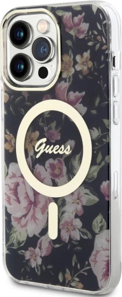Mbështjellës Guess GUHMP14XHCFWSK për iPhone 14 Pro Max 6.7", MagSafe, lule, zi Mbështjellës Guess GUHMP14XHCFWSK për iPhone 14 Pro Max 6.7", MagSafe, lule, zi