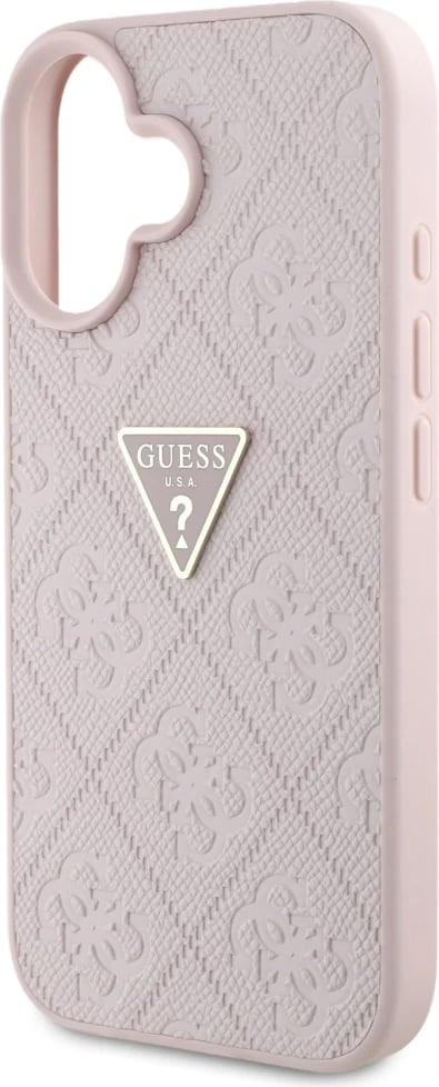 Mbështjellës Guess Hot Stamp 4G Pattern Triangle Metal Logo për iPhone 16, Rozë