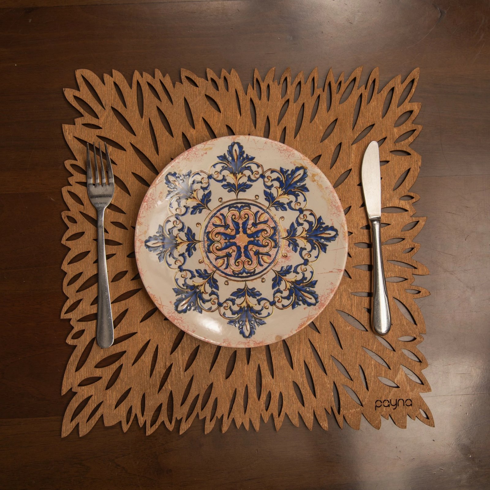 Set nënshkruese tavoline prej druri, 4 copë, Hermia, dizajn me maje, ngjyrë arre