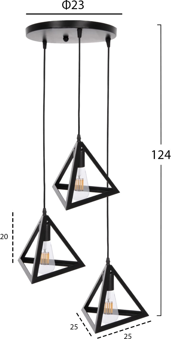 Llambë varëse tavani FH4182 3 kapakë metalikë të zinj piramidë Φ23x124Hcm Llambë varëse tavani FH4182 3 kapakë metalikë të zinj piramidë Φ23x124Hcm