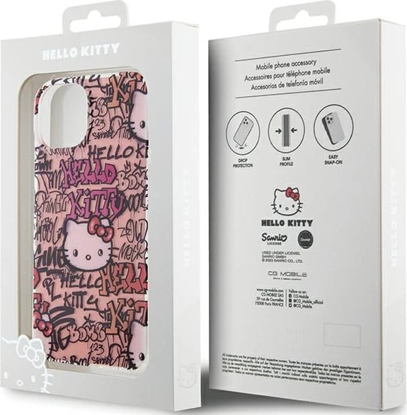 Mbështjellës Hello Kitty IML Tags Graffiti për iPhone 15, Rozë