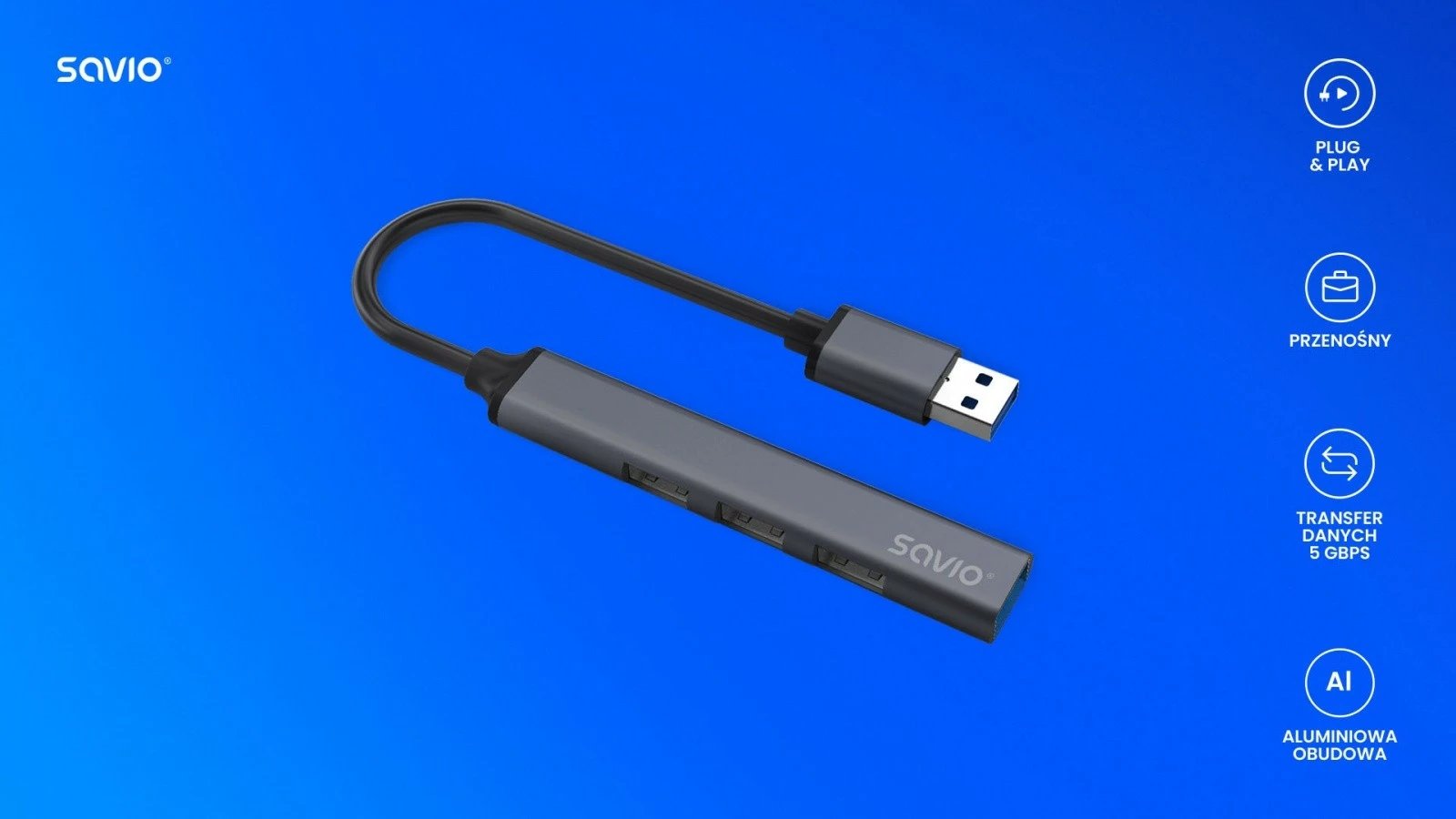 Hub USB-A 4 porta Savio AK-70, 3x USB-A 2.0, 1x USB-A 3.1 Gen 1, 5 Gbps, Alumini, Gri