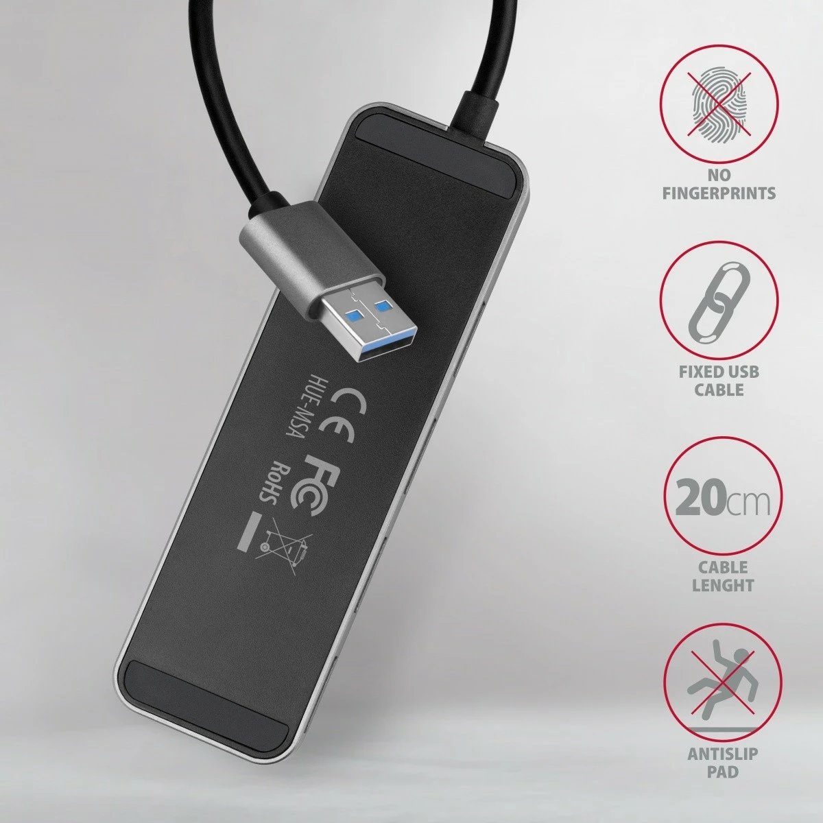 Hub USB AXAGON HUE-MSA, 4 porta, USB 3.2 Gen 1, metal, 20cm, Gri