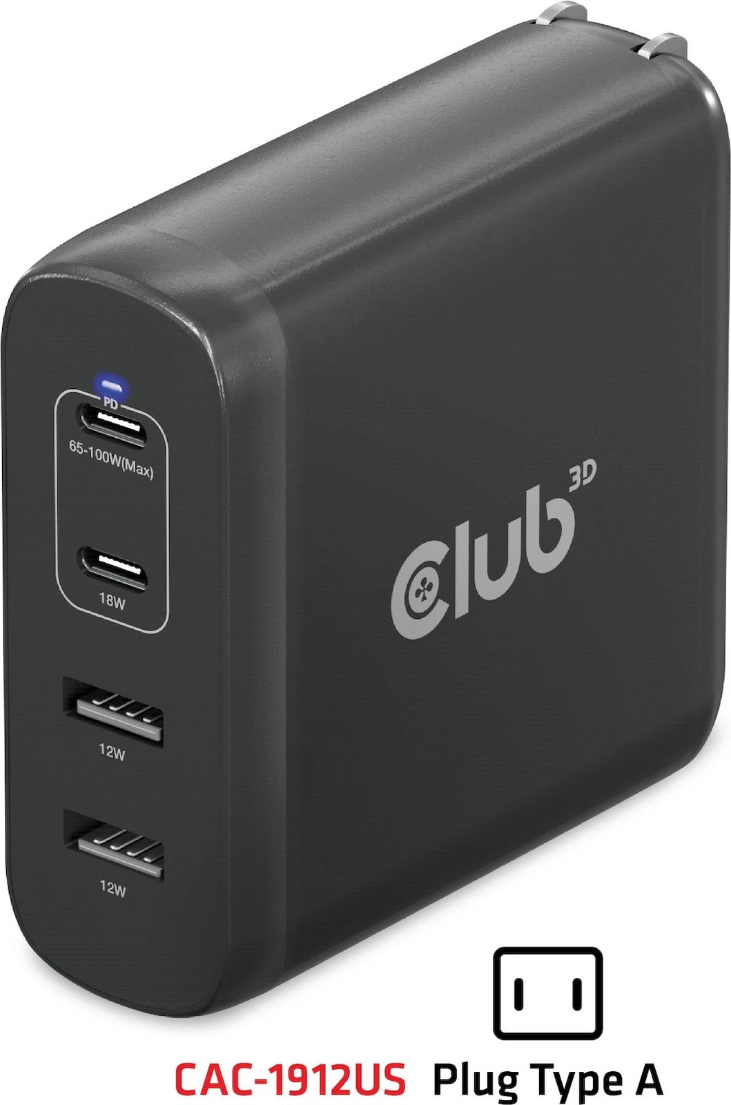Karikues Club3D 2xUSB Type-C, 2xUSB Type-A, PD 100W, GaN, i zi