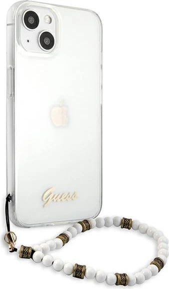 Mbështjellës Guess GUHCP13MKPSWH për iPhone 13 6.1", transparent, me varëse perlë