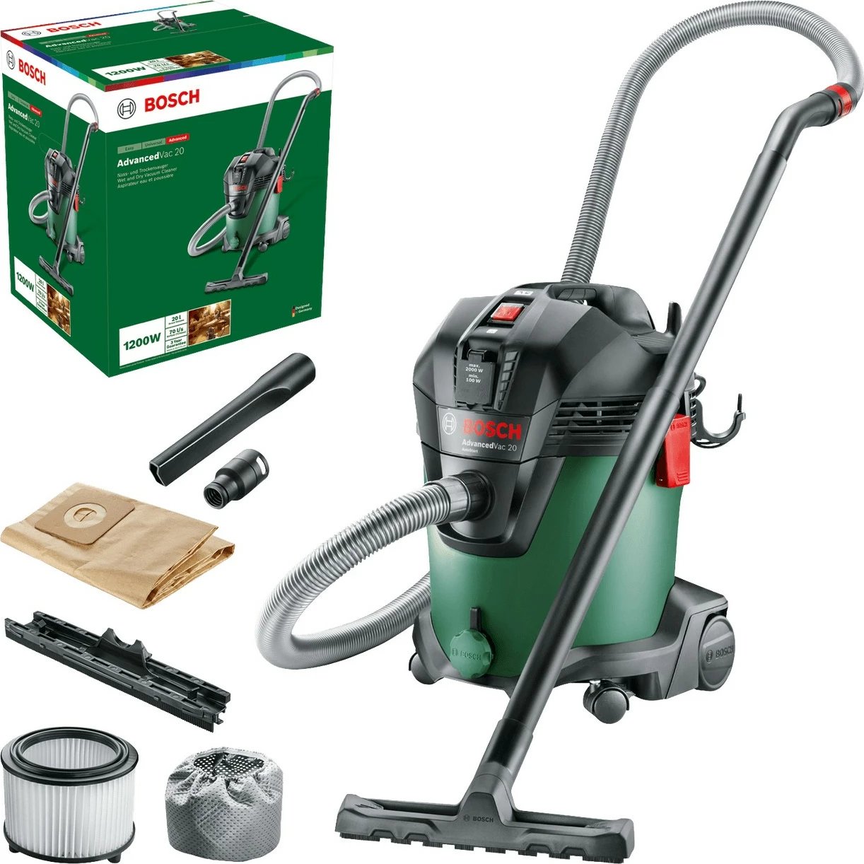 Fshesë me korrent Bosch AdvancedVac 20, 20 L, pa qese, e zezë, e gjelbër