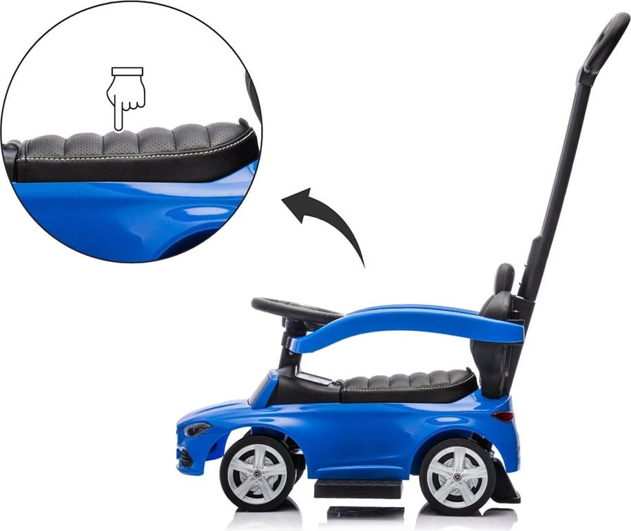 makinë ride-on me dorezë udhëzuese, Milly Mally Mercedes C-Class Deluxe, sedilje eko-lëkurë, goma gome, tinguj timoni, ngarkesë 25 kg, 12–36 muaj, blu
