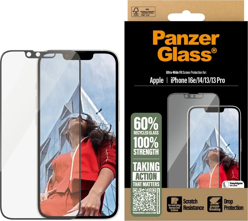 Mbrojtës ekrani PanzerGlass për iPhone 16e/14/13/13 Pro, transparent