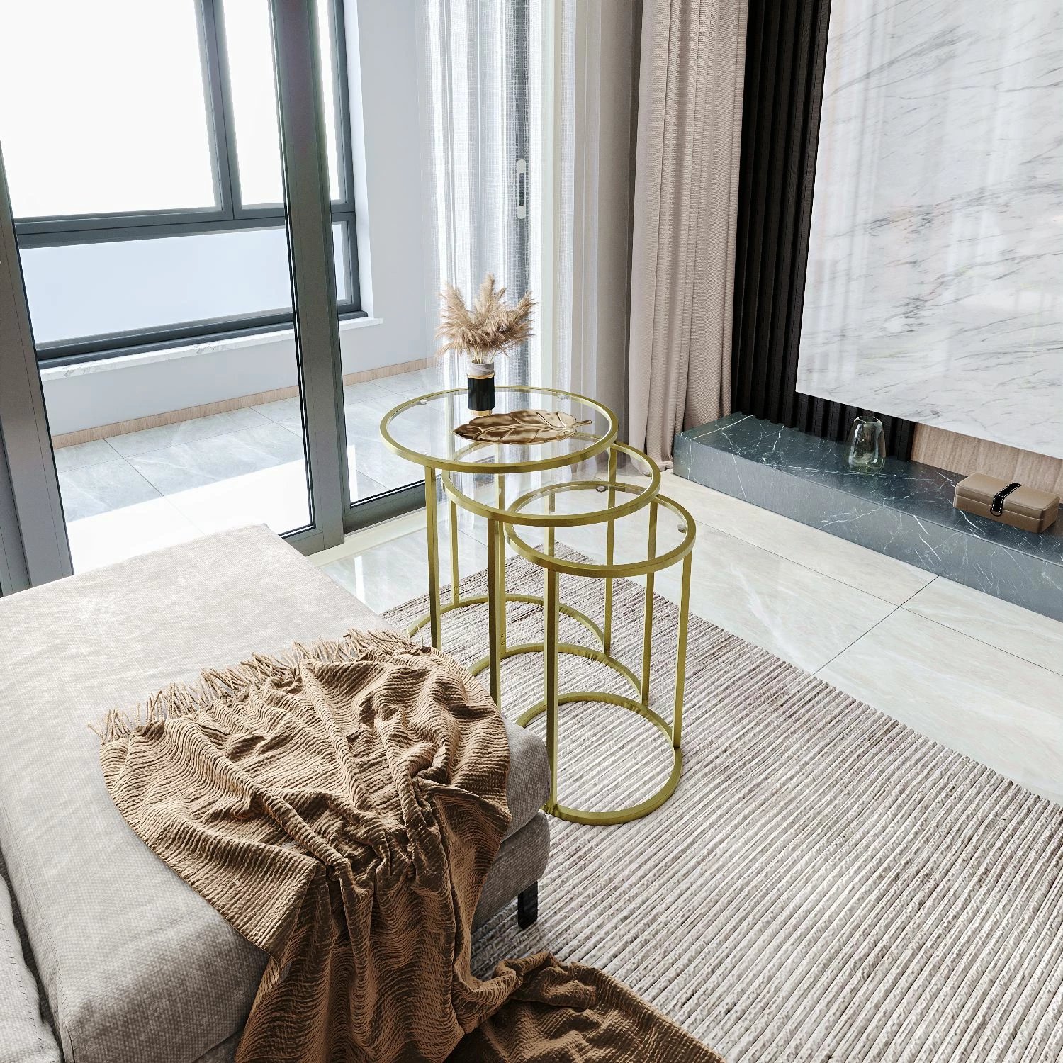 Set tavolinash të vogla, 3 copë, Hanah Home Alya, ngjyrë ari, xham transparent