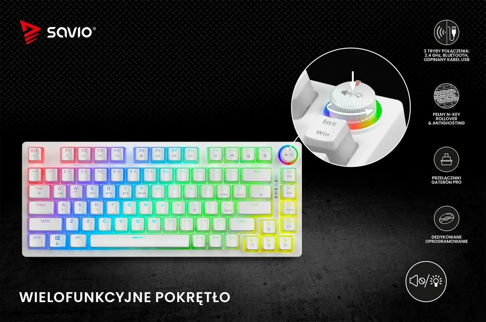 Tastierë mekanike wireless Savio PHENIX WHITE Gateron Red Pro, 82 tasta, RGB, e bardhë Tastierë mekanike wireless Savio PHENIX WHITE Gateron Red Pro, 82 tasta, RGB, e bardhë