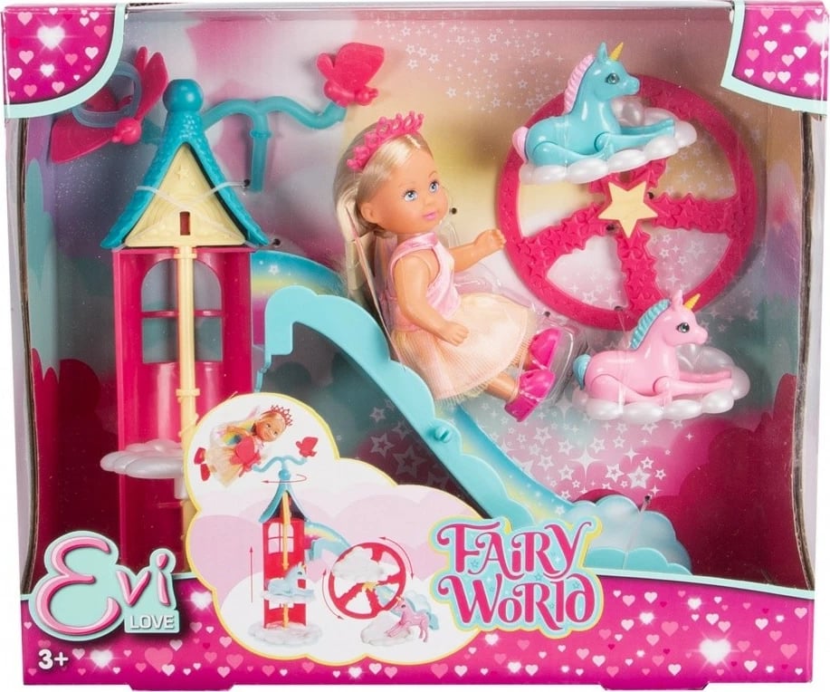 Set lodrash Evi Love Fairy World me kukull, 2 njëbrirëshë dhe kullë loje, 12 cm, për vajza