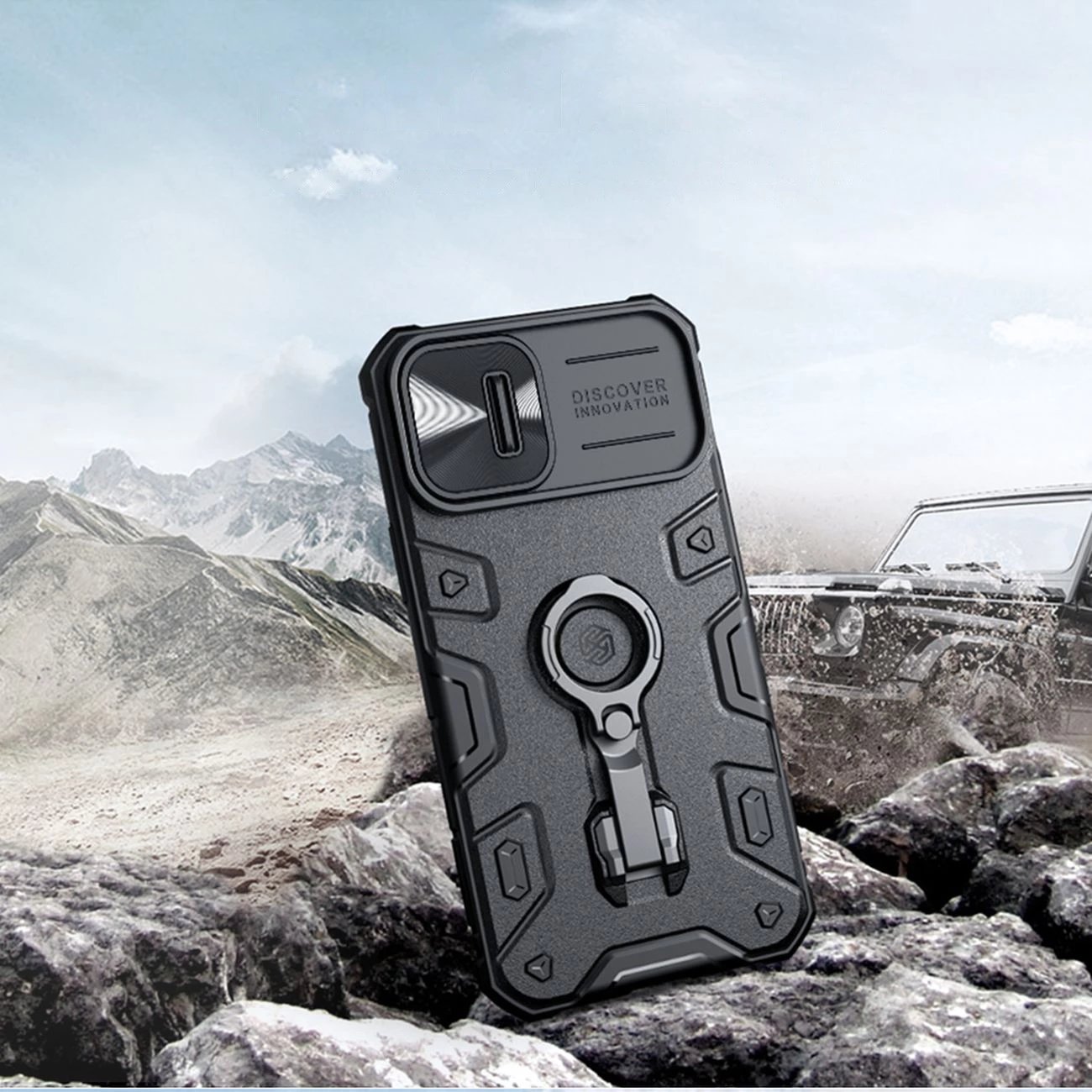 Mbështjellës Nillkin CamShield Armor Pro Magnetic për iPhone 14 Plus, me kapak kamere, unazë dhe MagSafe, i zi