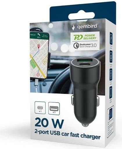 Karikues veture Gembird TA-UC-A2PDQC20-CAR-01, 20W, USB-A/USB-C, i zi
