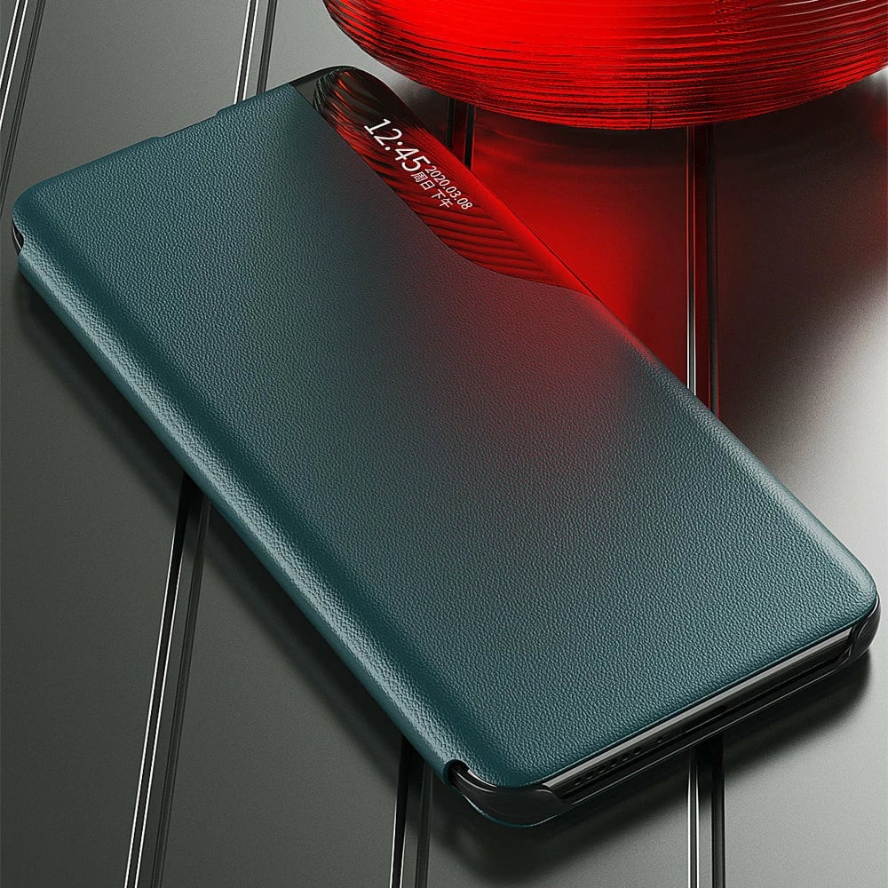 Mbështjellës Hurtel Eco Leather View Case për Samsung Galaxy A22 4G, me kapak dhe mbajtës, e zezë