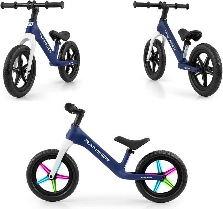 biçikletë pa pedale, Milly Mally Ranger Flash, 12", kornizë kompozite, goma EVA me LED, sedile e rregullueshme, blue navy