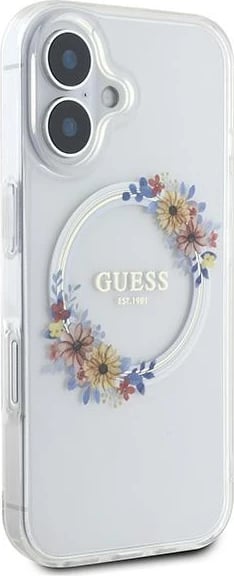 Mbështjellës Guess Flowers Wreath MagSafe për iPhone 16, Transparent