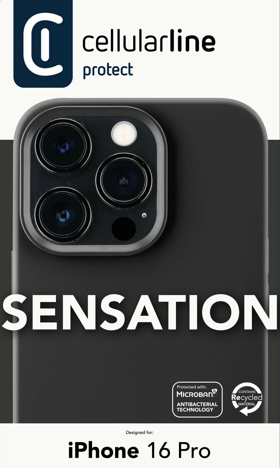 Mbështjellës Cellular Line Sensation për iPhone 16 Pro, e zezë