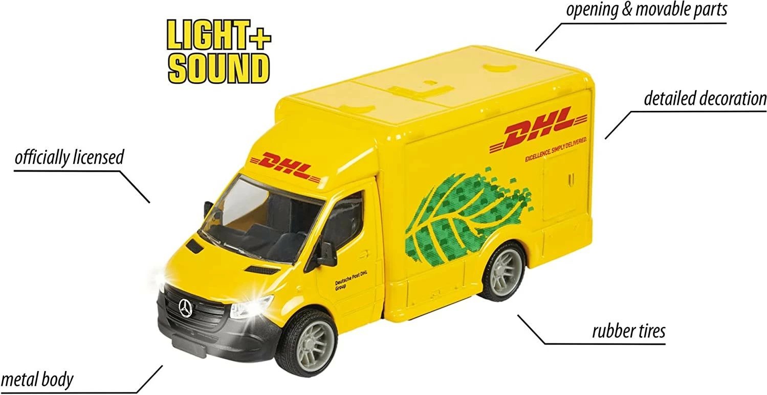 Lodër veturë Majorette Mercedes-Benz Sprinter DHL, metal, 12.5 cm, e verdhë, me drita dhe zë