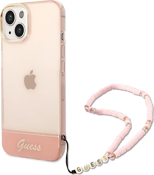 Mbështjellës Guess GUHCP14MHGCOHP për iPhone 14 Plus 6.7", Translucent Pearl Strap, Rozë