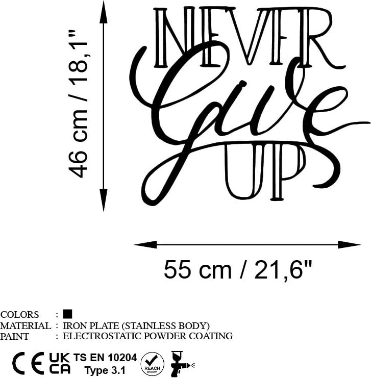 Aksesor dekorativ metalik për mur, Never Give Up