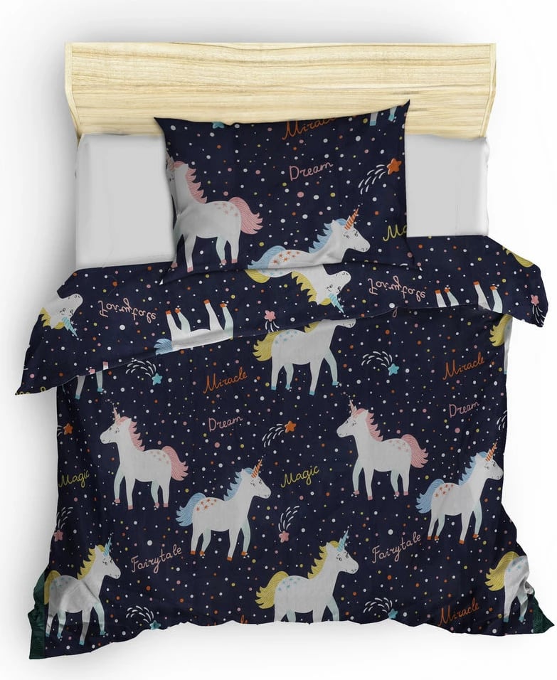 Set mbulesë jorgani teke, Magic Unicorn, ngjyrë kaltër e errët