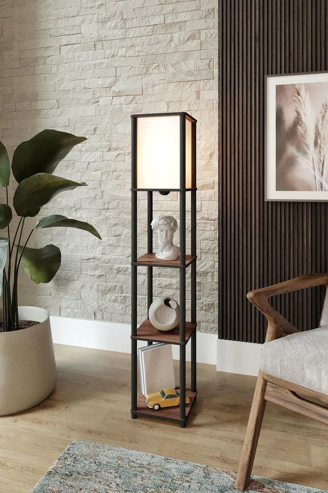 Llambë dyshemeje Opviq, raft me ndriçim, ngjyrë arre, TierShelfLampz2