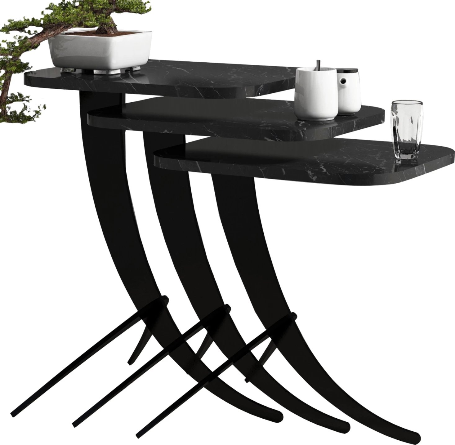 Tavolina anësore 3PCS FH9508.02 sipërfaqe melamine ngjyrë mermeri të zi, këmbë metali të zeza 35x45x60H cm