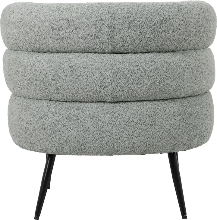 Fotelje me pëlhurë boucle ngjyrë jeshile e lehtë me këmbë metalike të zeza 76x75x72cm