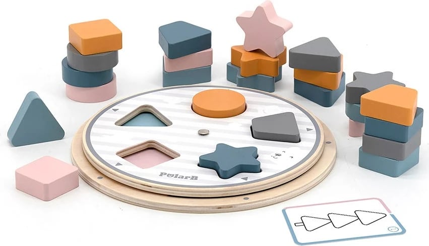 Puzzle druri, Viga PolarB, disk lëvizës + 25 blloqe + karta me dy anë, 220x220 mm, multikolor