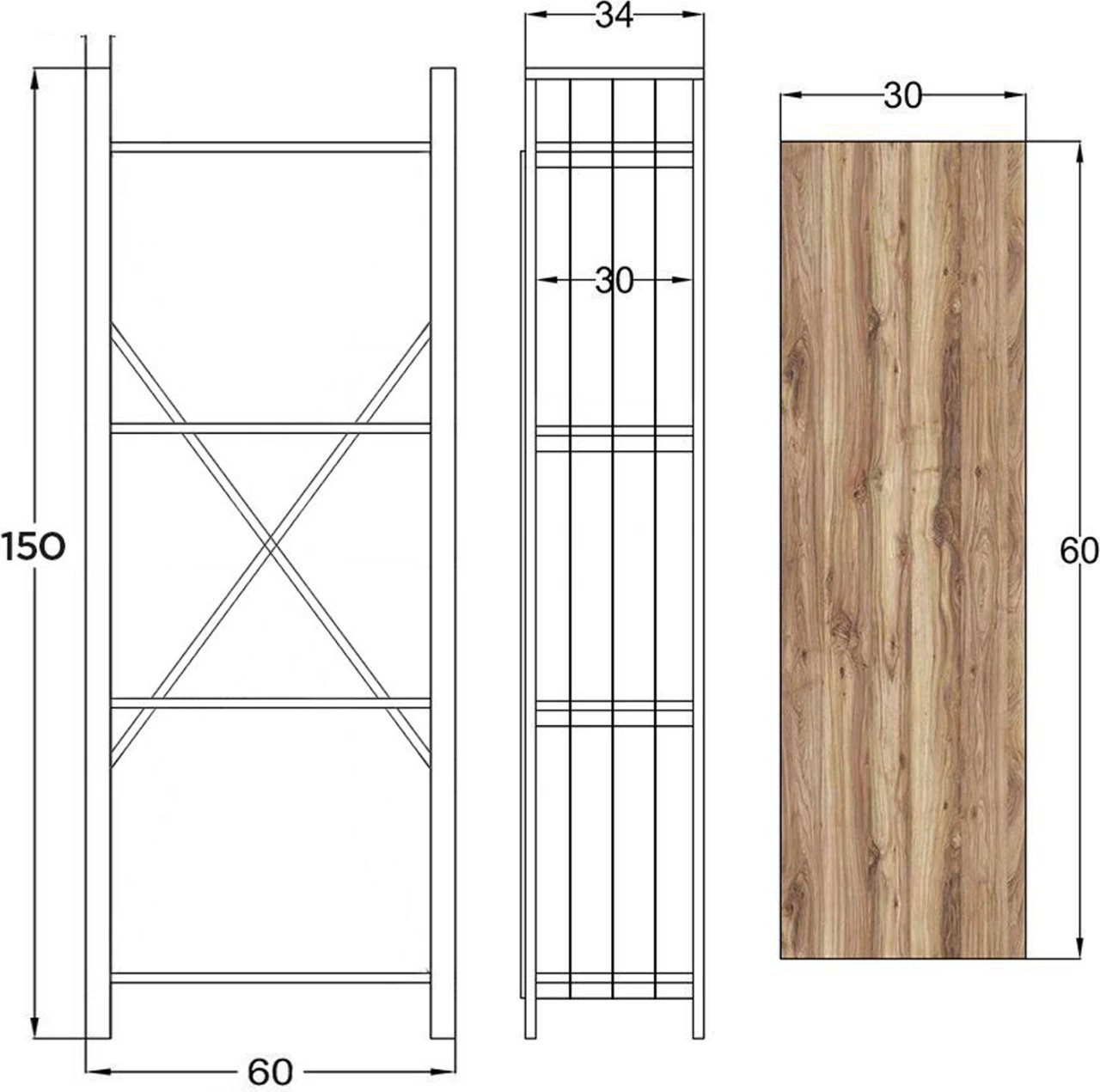 Raft librash INDUS melaminë, ngjyrë arre dhe metal gri, 60x30x150 cm, FH9425