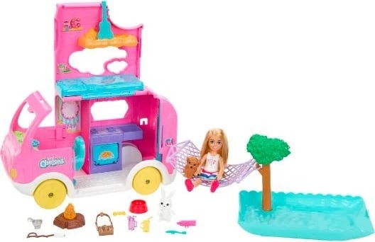 Set lodrash Barbie Chelsea Camper Mattel HNH90 me kukull, qenush, lepurush dhe aksesorë, rozë