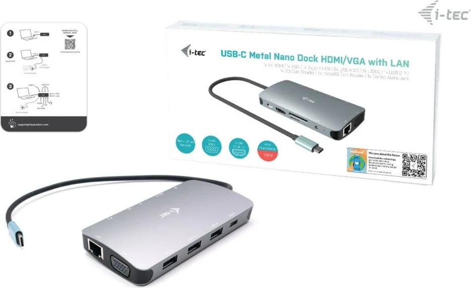 Doking stacion I-Tec Metal USB-C Travel Nano Dock, HDMI/VGA, LAN, Power Delivery 100W, argjend