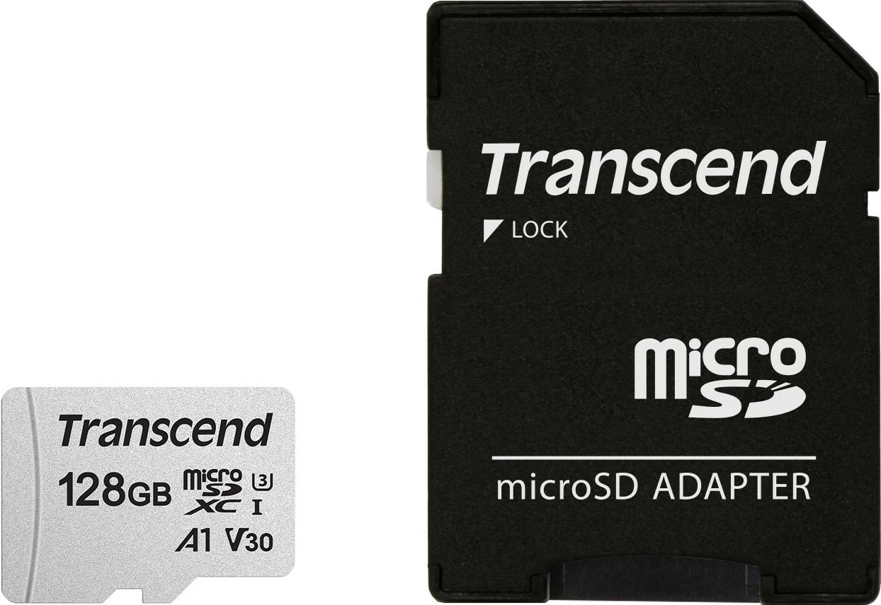 Kartelë microSDXC Transcend 300S 128GB me adapter, Class 10, U3, V30, e argjendtë