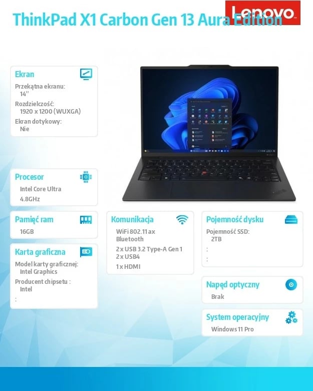 Ultrabook Lenovo ThinkPad X1 Carbon Gen 13 Aura Edition, 14", Intel Core Ultra 5 225U, 16 GB RAM, 512 GB SSD, Windows 11 Pro, E zezë