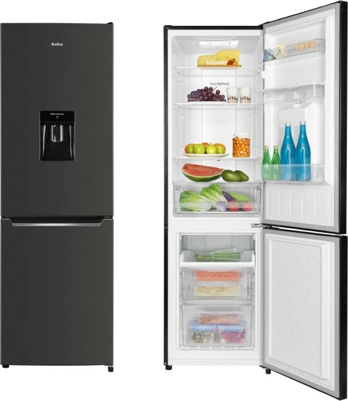 Frigorifer me ngrirës, Amica, FK299.2FI(E), 250 L (180+70), Total No Frost, shpërndarës uji, 181 cm, klasë energjie E, i pavarur, ngrirës poshtë, inox i zi