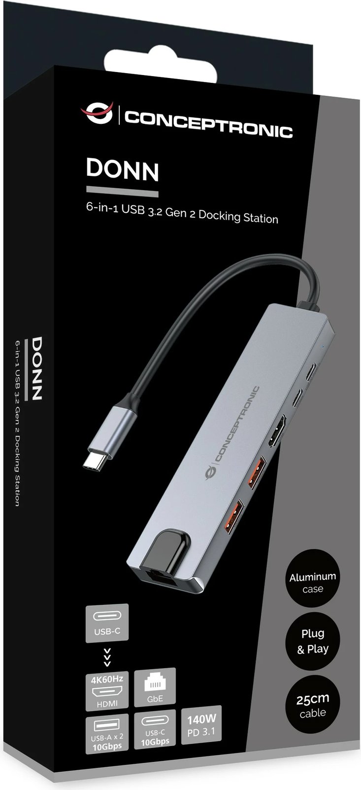 Dock USB-C Conceptronic 6-në-1, HDMI, 2xUSB-A, USB-C, 25cm, gri