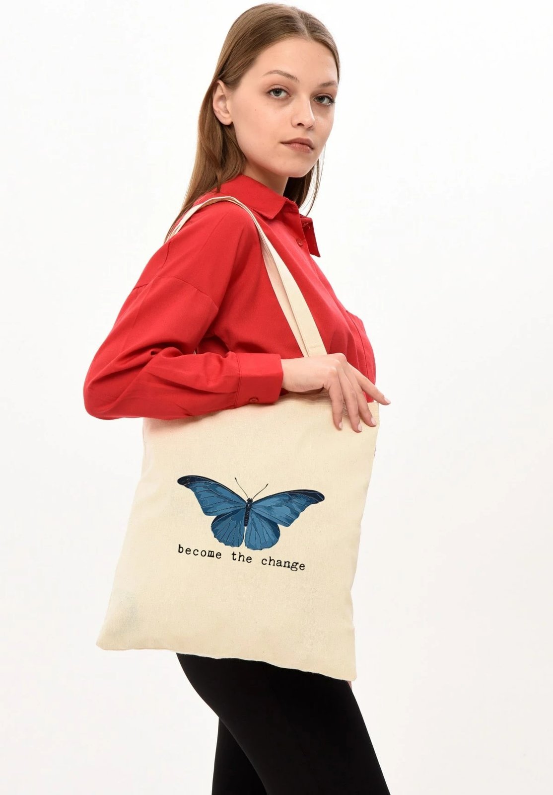 Torbë Tote Zoozie Bags, ngjyrë krem, 35x40cm, flutur blu