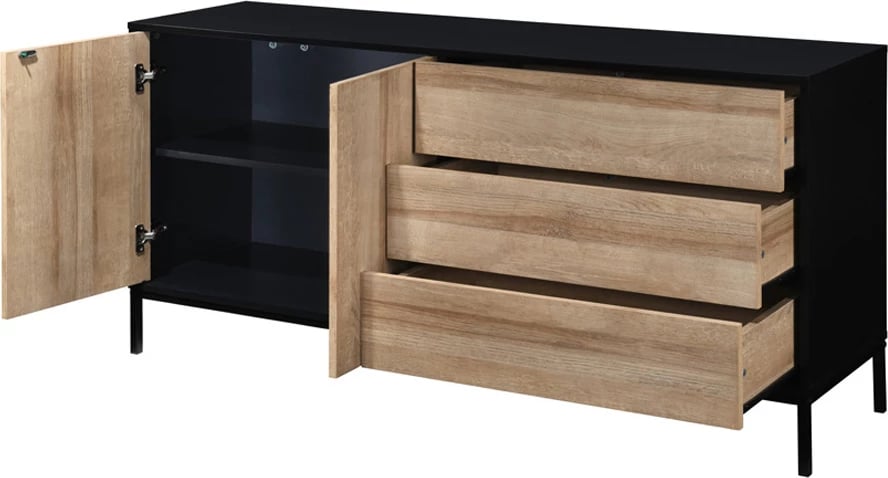 Bufe Blackbird, 2 dyer, 3 sirtarë, ngjyrë lisi Riviera, e zezë, 150x40x75.5cm