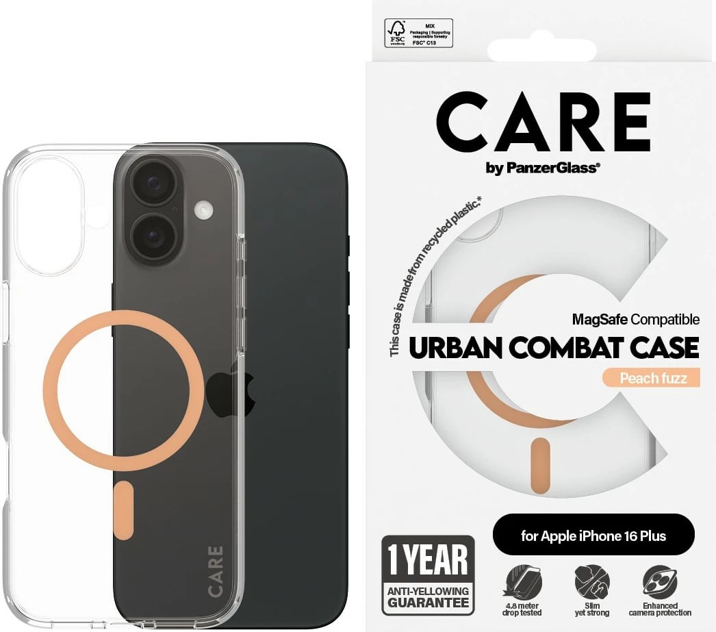 Mbështjellës PanzerGlass CARE Case Flagship Peachy MagSAFE për iPhone 16 Plus, transparent