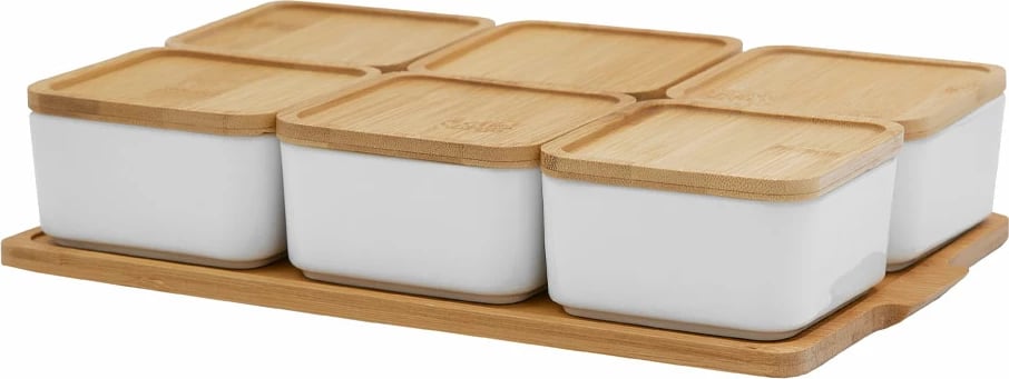 Set kavanozash për ruajtje, 6 copë, porcelan i bardhë, kapak bambuje, 30x19x7cm