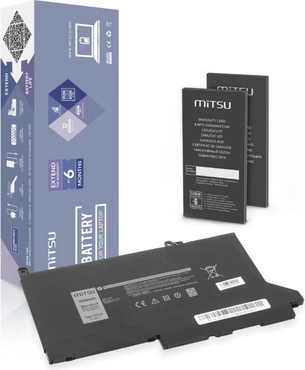 Bateri laptop Mitsu për Dell Latitude 7280 7290 7380 7390 7480 7490, 3000 mAh, 11.4V, e zezë