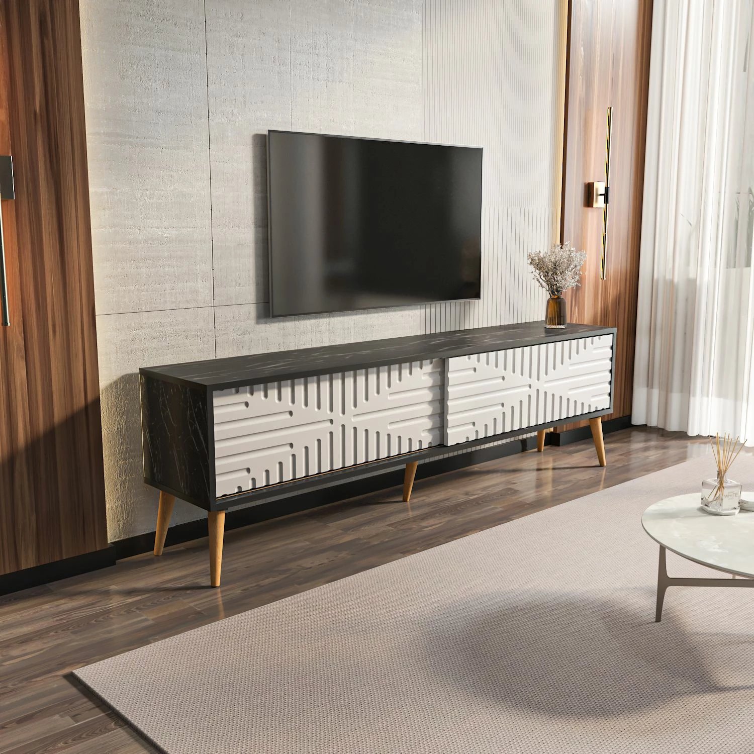 Komodë TV Skye Decor, ngjyrë e zezë dhe e bardhë