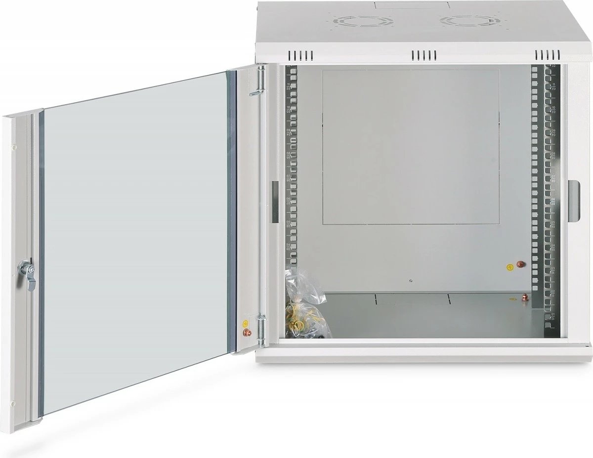 kabinet rrjeti muror Digitus DN-37108 Dynamic 19" 12U, 607×600×450 mm, x4 shina të rregullueshme, derë xhami, IP20, ngarkesë 60 kg, gri