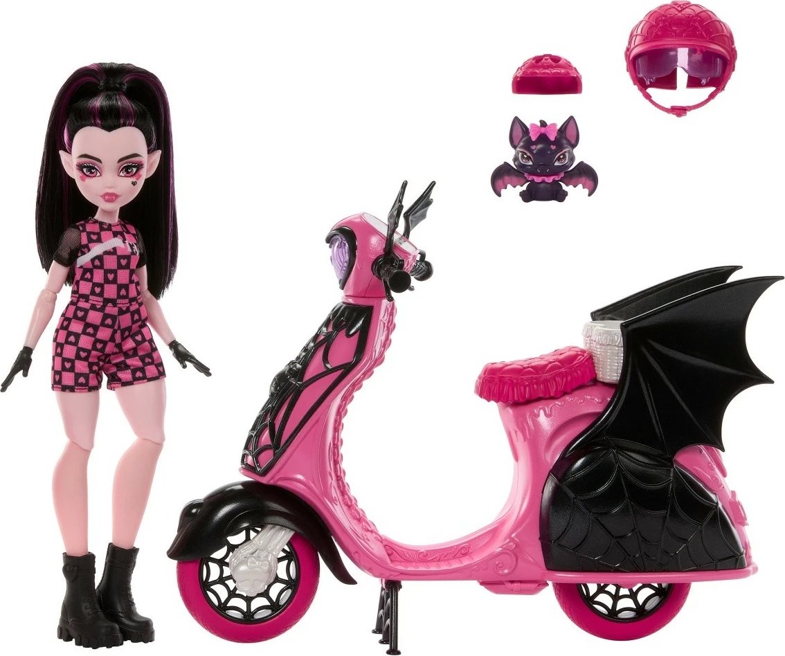 Kukull, Mattel Monster High Draculaura JDR61 me skuter, figurë lakuriqi Count Fabulous dhe 2 helmeta, rozë/zezë, set