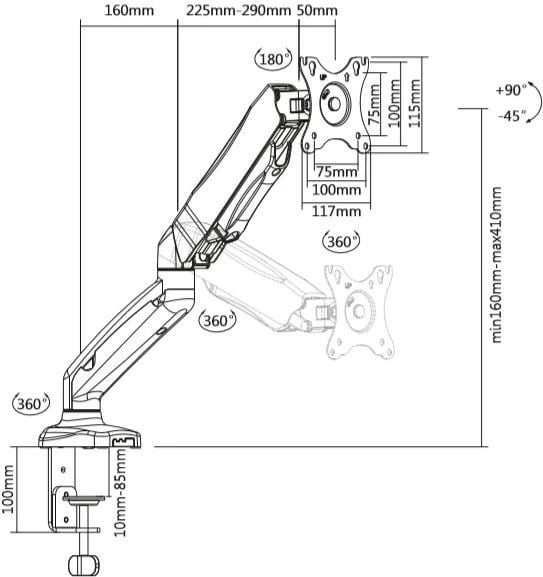Mbajtëse monitori tavoline TB TB-MG1 me gaz, deri 27 inç, 8kg, e zezë